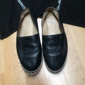 Chanel black leather espadrilles